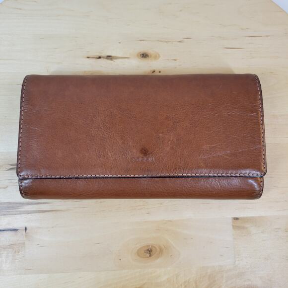 Fossil Leather Checkbook Wallet Womens 7" Brown Trifold Cash Card ID Slots - Picture 2 of 12